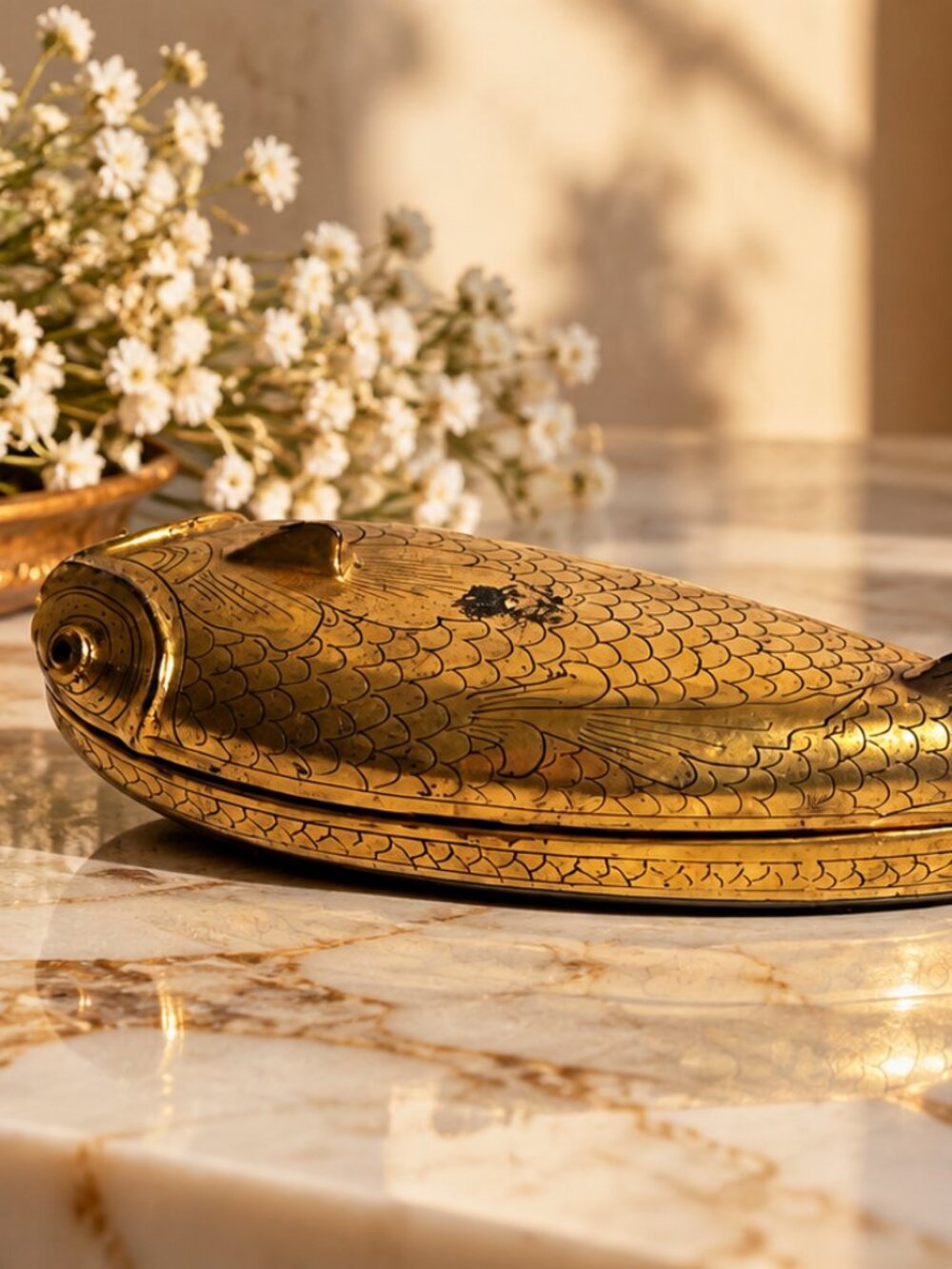 Vintage Kashmiri Papier Mâché Gold Fish Trinket Box Hand Painted